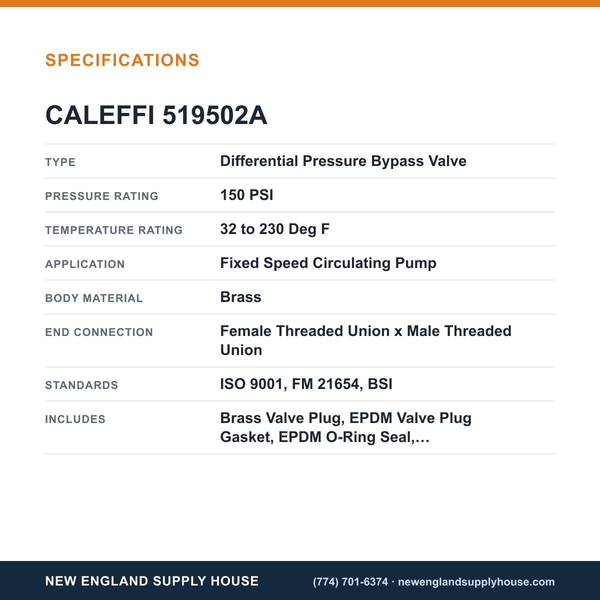 Caleffi 519502A Differential Pressure Bypass Valve specifications — New England Supply House [NESH-SPECTABLE-V1]