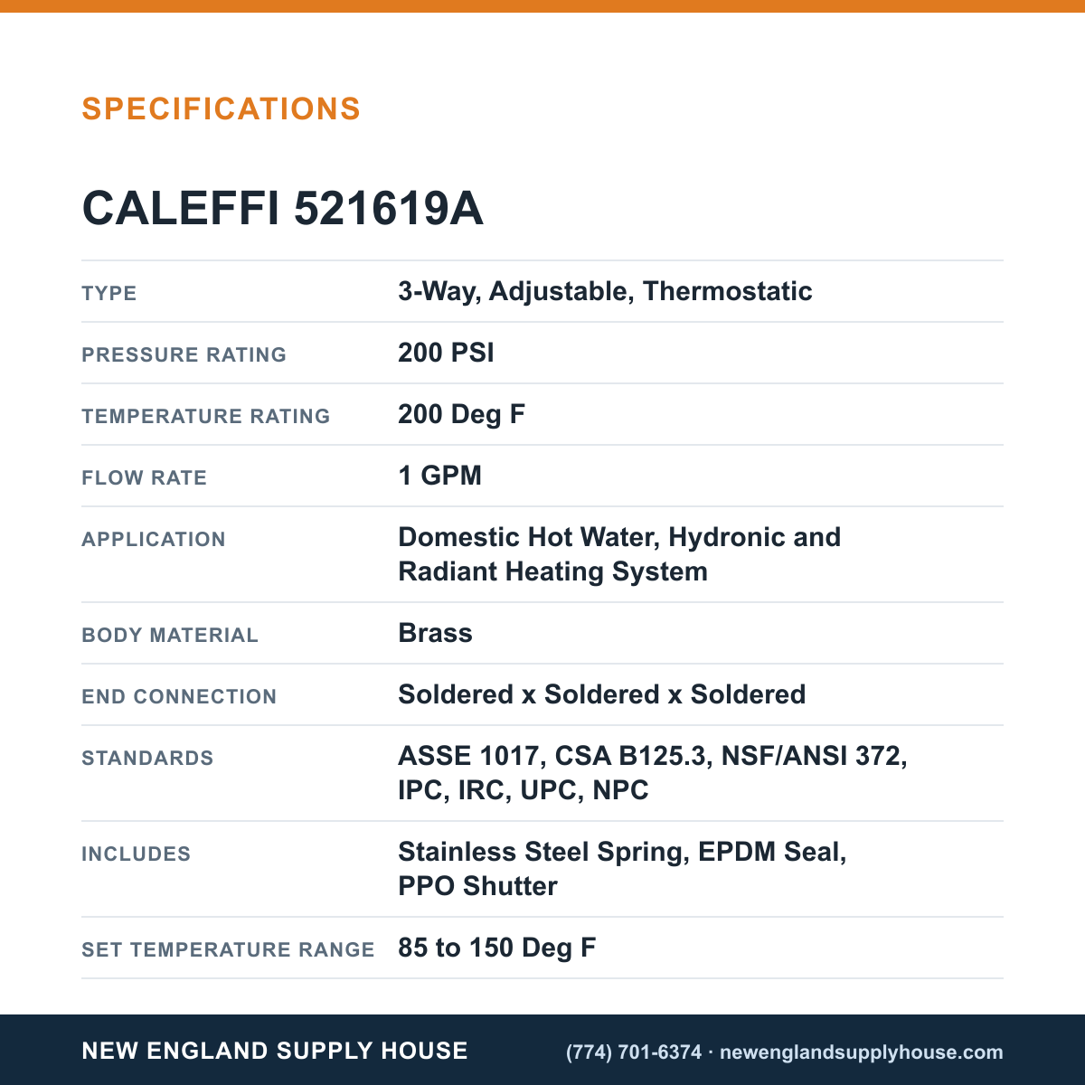 Caleffi 521619A Thermostatic and Pressure Balanced Mixing Valve specifications — New England Supply House [NESH-SPECTABLE-V1]