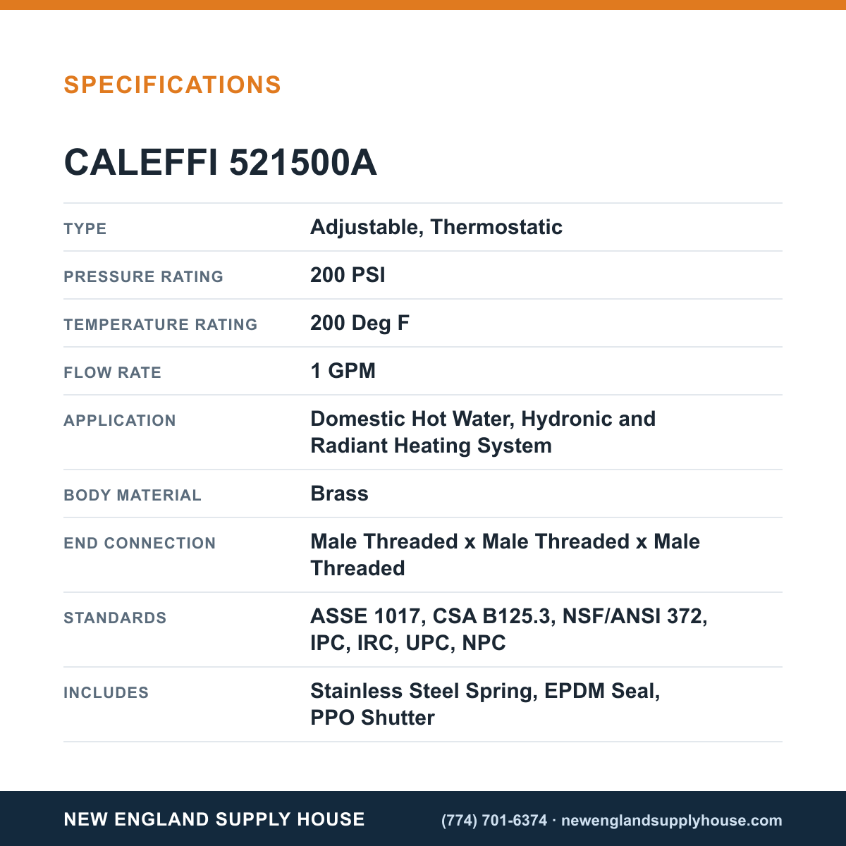 Caleffi 521500A Thermostatic and Pressure Balanced Mixing Valve specifications — New England Supply House [NESH-SPECTABLE-V1]