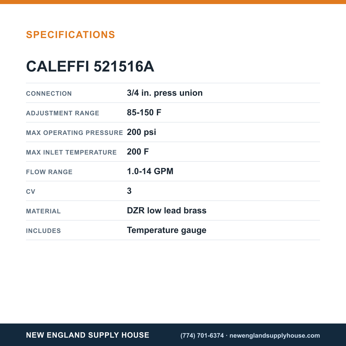 Caleffi 521516A Thermostatic Mixing Valve specifications — New England Supply House [NESH-SPECTABLE-V1]