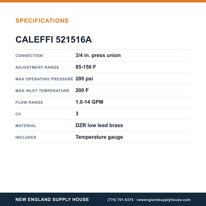 Caleffi 521516A Thermostatic Mixing Valve specifications — New England Supply House [NESH-SPECTABLE-V1]
