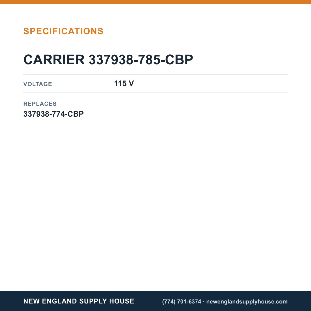 Carrier 337938-785-CBP Inducer Blower Assembly specifications — New England Supply House [NESH-SPECTABLE-V1]