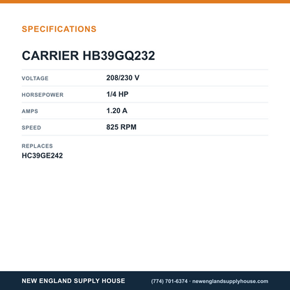 Carrier HB39GQ232 Condenser Motor specifications — New England Supply House [NESH-SPECTABLE-V1]