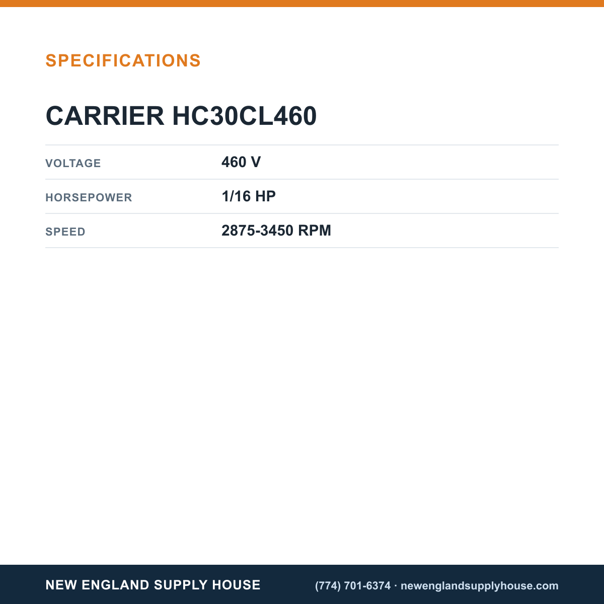 Carrier HC30CL460 Induced Draft Motor specifications — New England Supply House [NESH-SPECTABLE-V1]