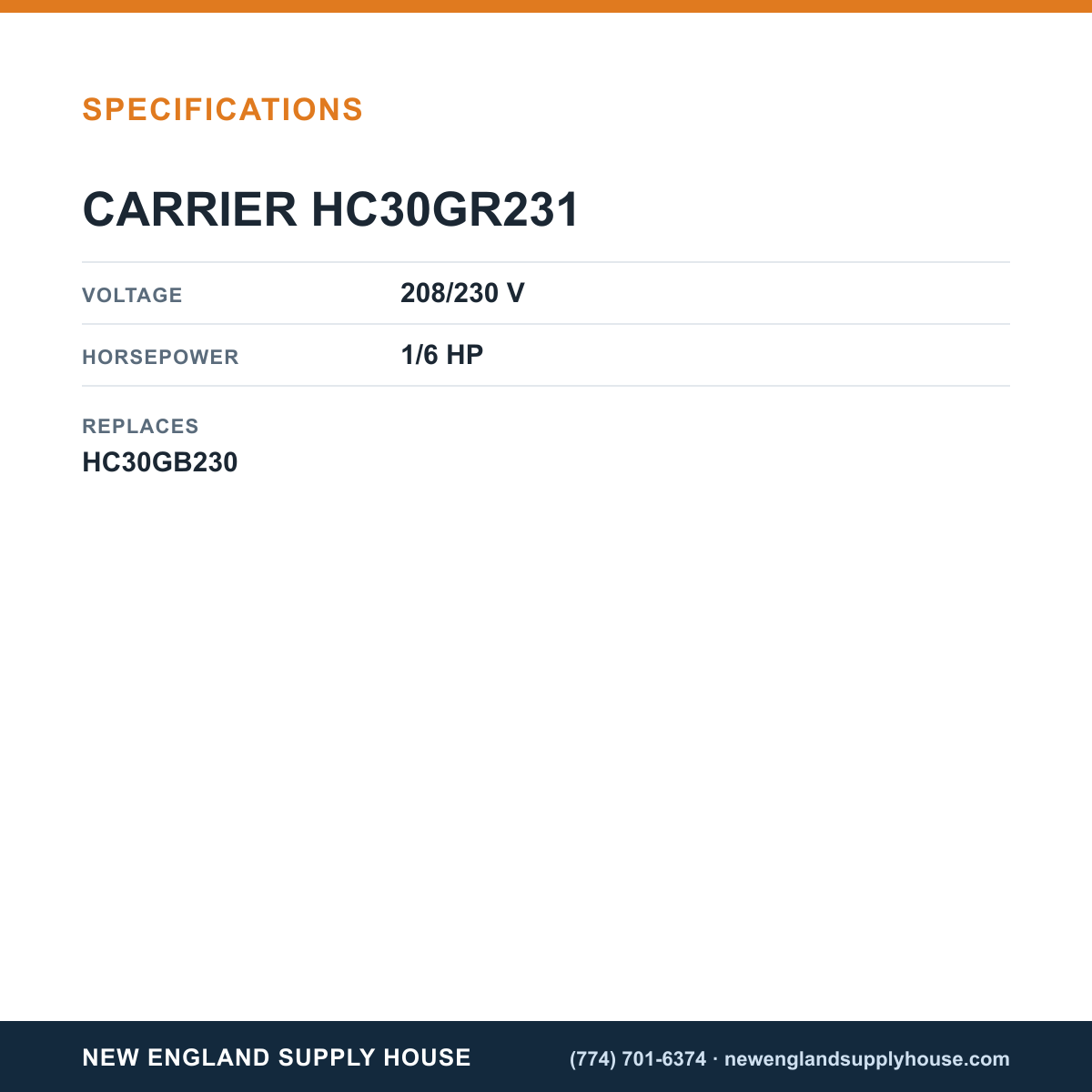 Carrier HC30GR231 Inducer Motor specifications — New England Supply House [NESH-SPECTABLE-V1]