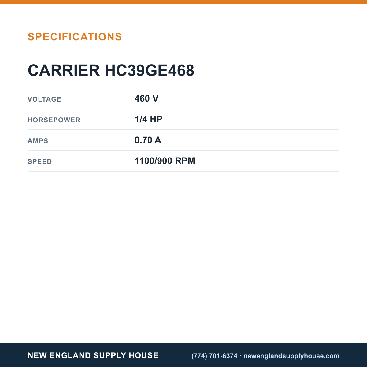Carrier HC39GE468 Condenser Fan Motor specifications — New England Supply House [NESH-SPECTABLE-V1]