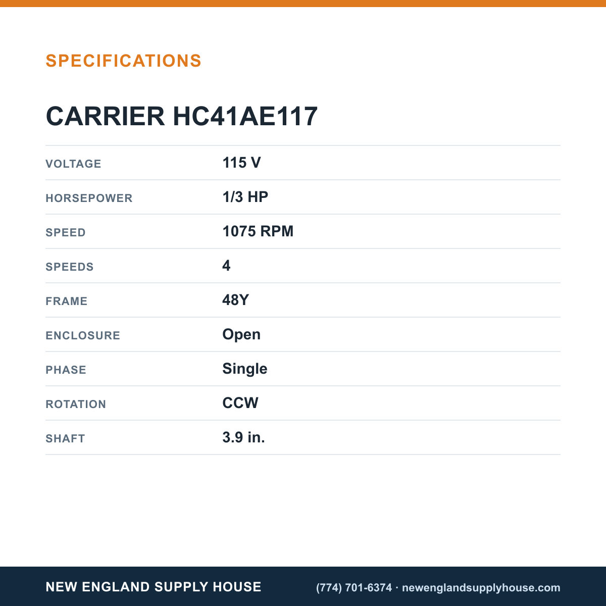Carrier HC41AE117 Blower Motor specifications — New England Supply House [NESH-SPECTABLE-V1]