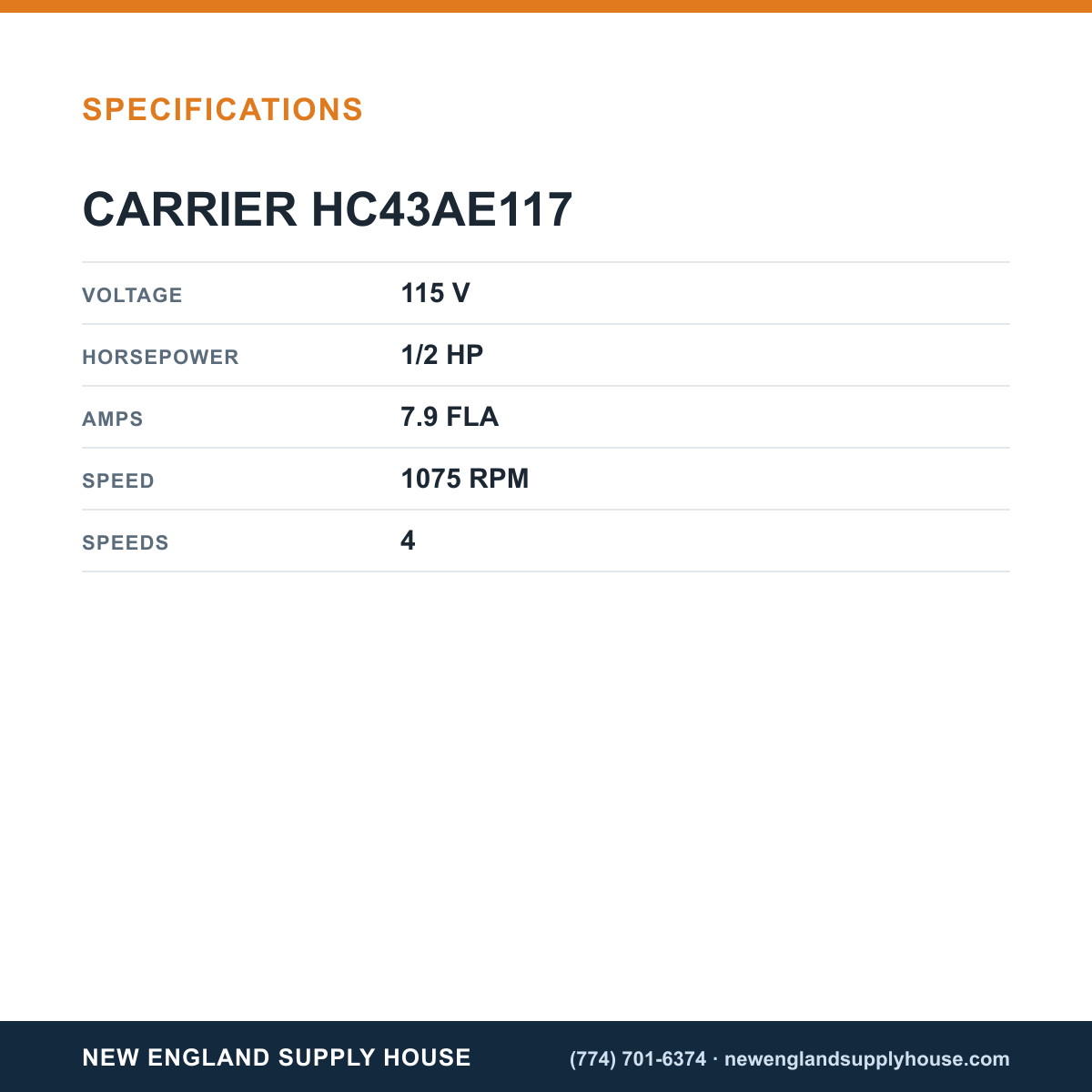 Carrier HC43AE117 Blower Motor specifications — New England Supply House [NESH-SPECTABLE-V1]