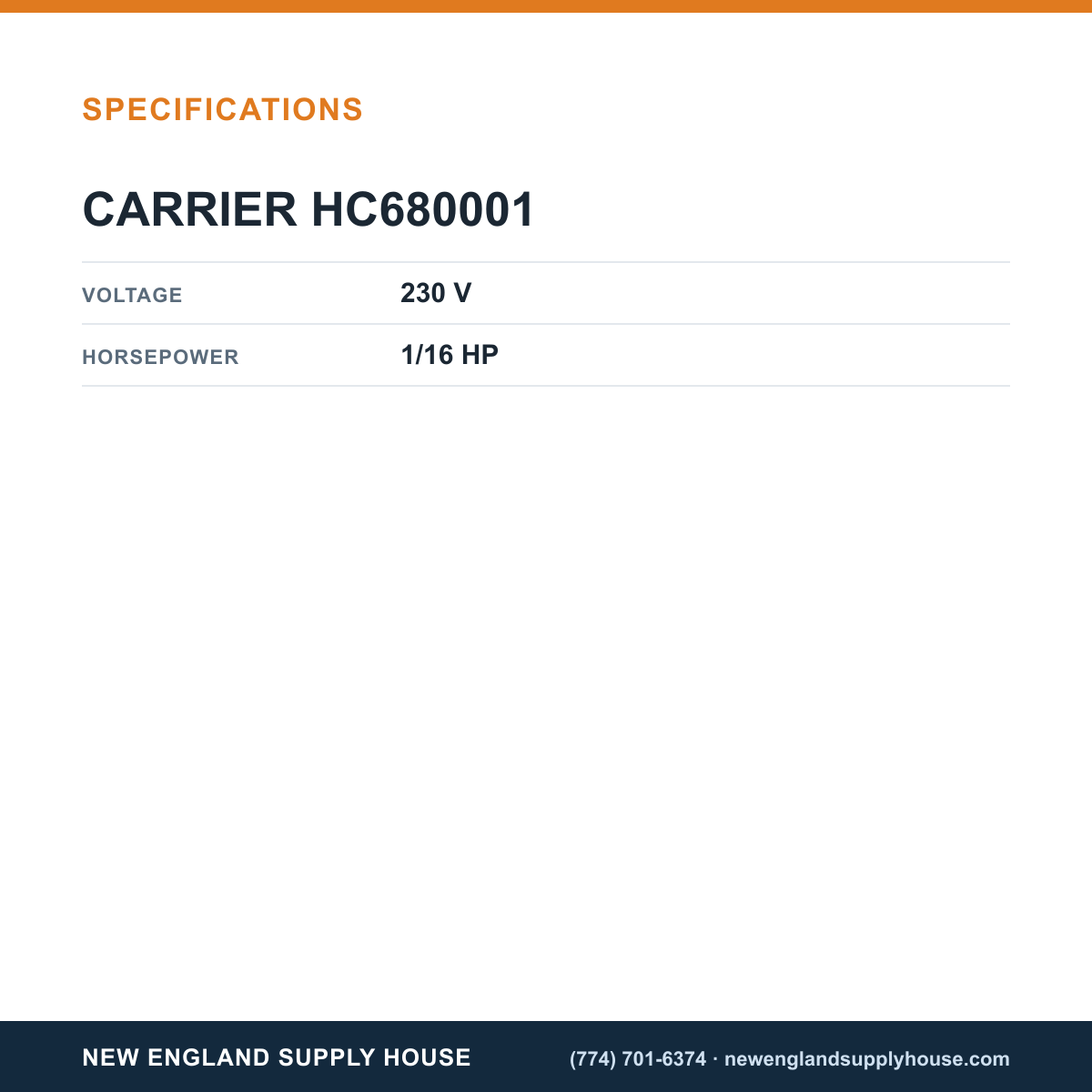 Carrier HC680001 Inducer Motor specifications — New England Supply House [NESH-SPECTABLE-V1]