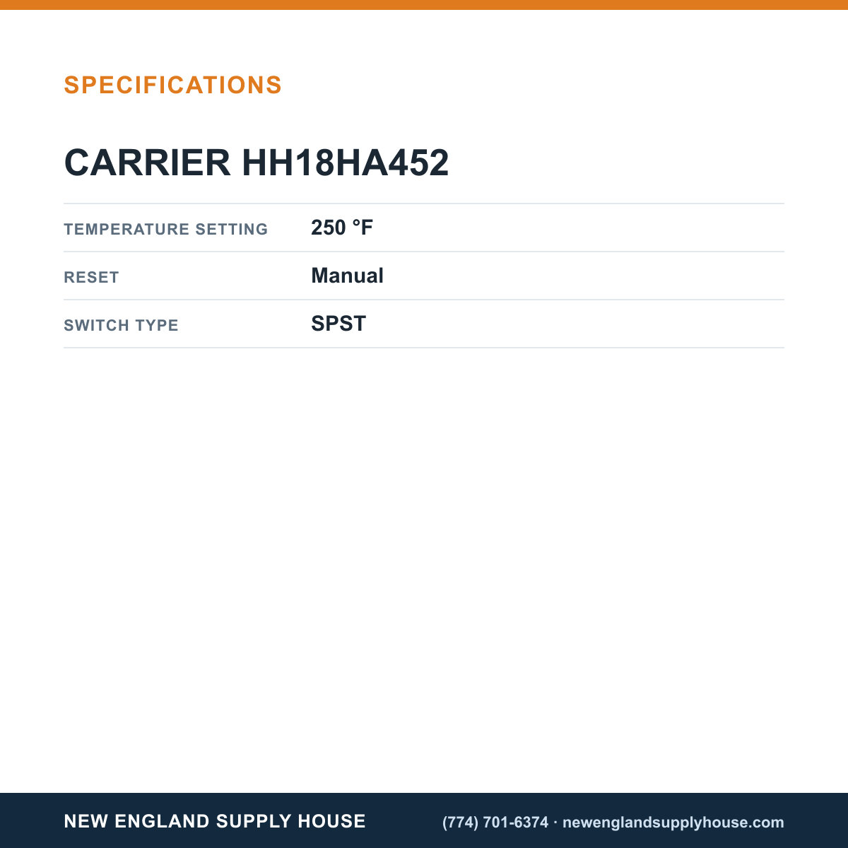 Carrier HH18HA452 Temperature Rollout Switch specifications — New England Supply House [NESH-SPECTABLE-V1]