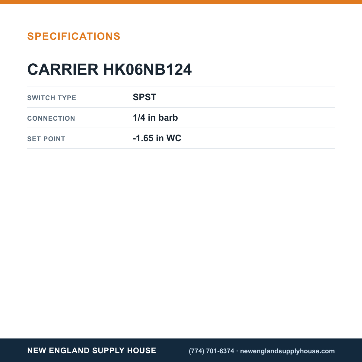 Carrier HK06NB124 Pressure Switch specifications — New England Supply House [NESH-SPECTABLE-V1]