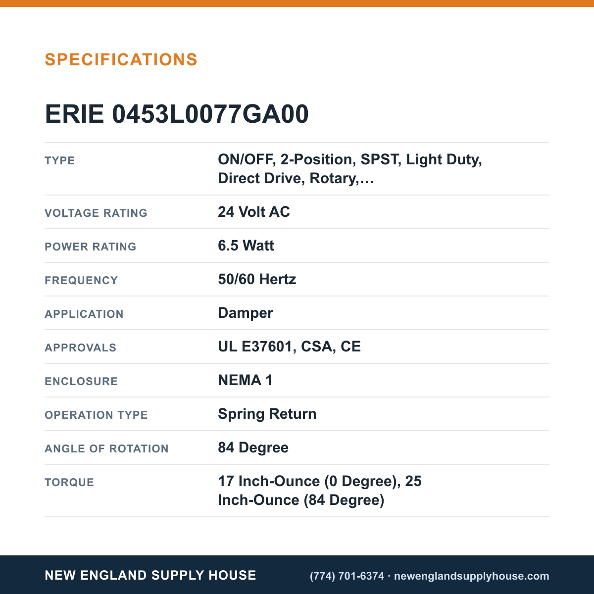 Erie Controls 0453L0077GA00 Damper Actuator specifications — New England Supply House [NESH-SPECTABLE-V1]