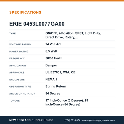 Erie Controls 0453L0077GA00 Damper Actuator specifications — New England Supply House [NESH-SPECTABLE-V1]