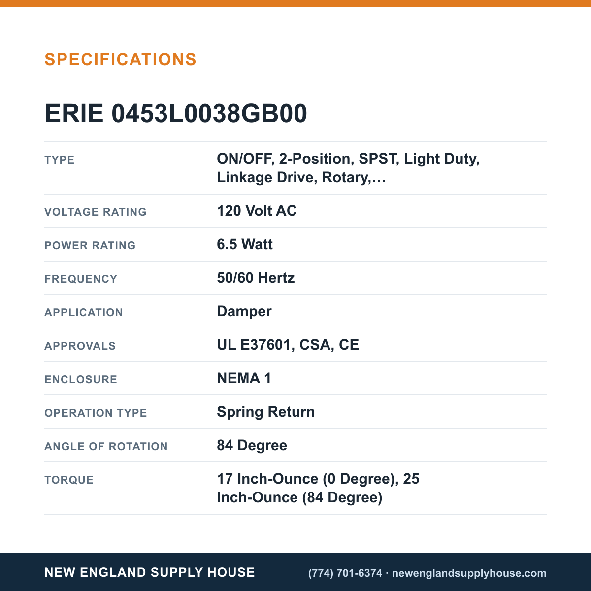 Erie Controls 0453L0038GB00 Damper Actuator specifications — New England Supply House [NESH-SPECTABLE-V1]