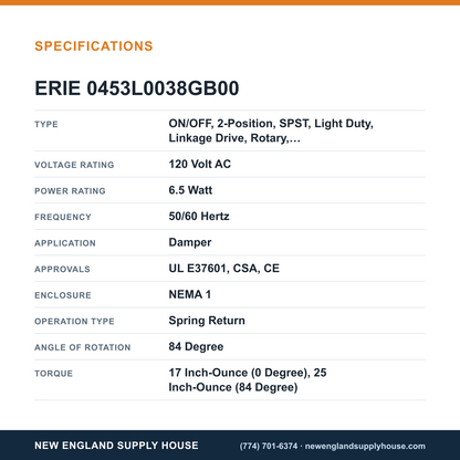 Erie Controls 0453L0038GB00 Damper Actuator specifications — New England Supply House [NESH-SPECTABLE-V1]