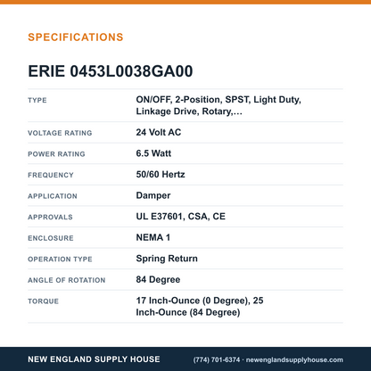 Erie Controls 0453L0038GA00 Damper Actuator specifications — New England Supply House [NESH-SPECTABLE-V1]