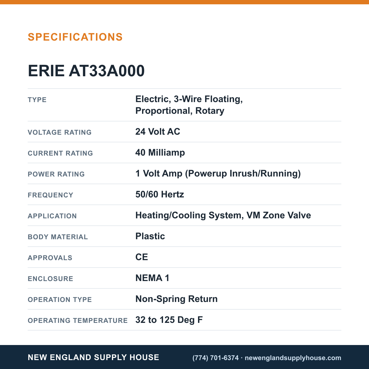 Erie Controls AT33A000 Valve Actuator specifications — New England Supply House [NESH-SPECTABLE-V1]