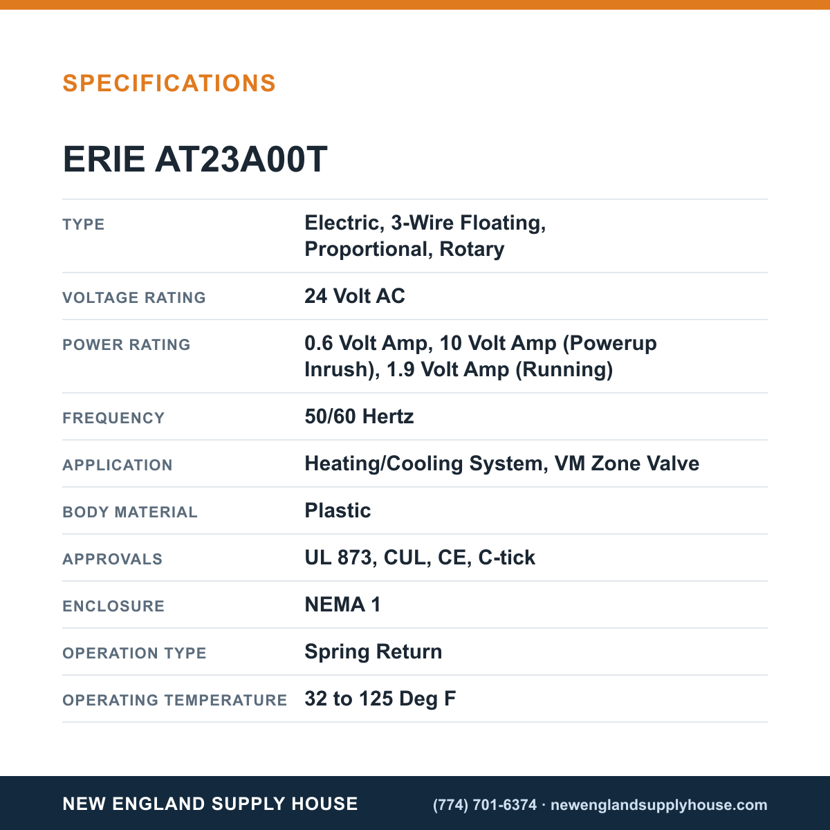 Erie Controls AT23A00T Valve Actuator specifications — New England Supply House [NESH-SPECTABLE-V1]