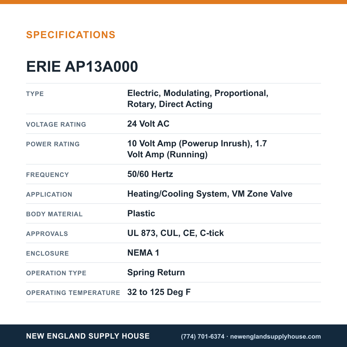 Erie Controls AP13A000 Valve Actuator specifications — New England Supply House [NESH-SPECTABLE-V1]