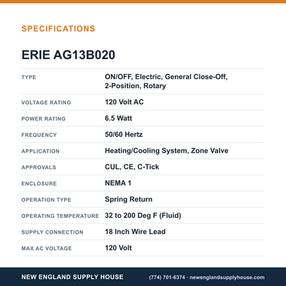 Erie Controls AG13B020 Valve Actuator specifications — New England Supply House [NESH-SPECTABLE-V1]