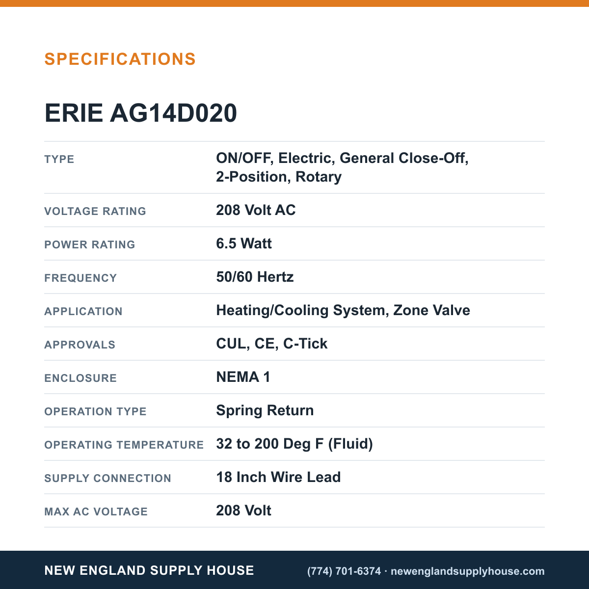 Erie Controls AG14D020 Valve Actuator specifications — New England Supply House [NESH-SPECTABLE-V1]