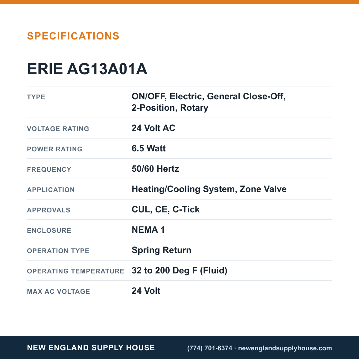 Erie Controls AG13A01A Valve Actuator specifications — New England Supply House [NESH-SPECTABLE-V1]