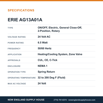 Erie Controls AG13A01A Valve Actuator specifications — New England Supply House [NESH-SPECTABLE-V1]