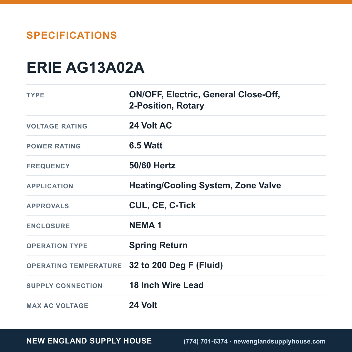 Erie Controls AG13A02A Valve Actuator specifications — New England Supply House [NESH-SPECTABLE-V1]