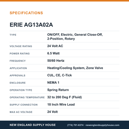 Erie Controls AG13A02A Valve Actuator specifications — New England Supply House [NESH-SPECTABLE-V1]