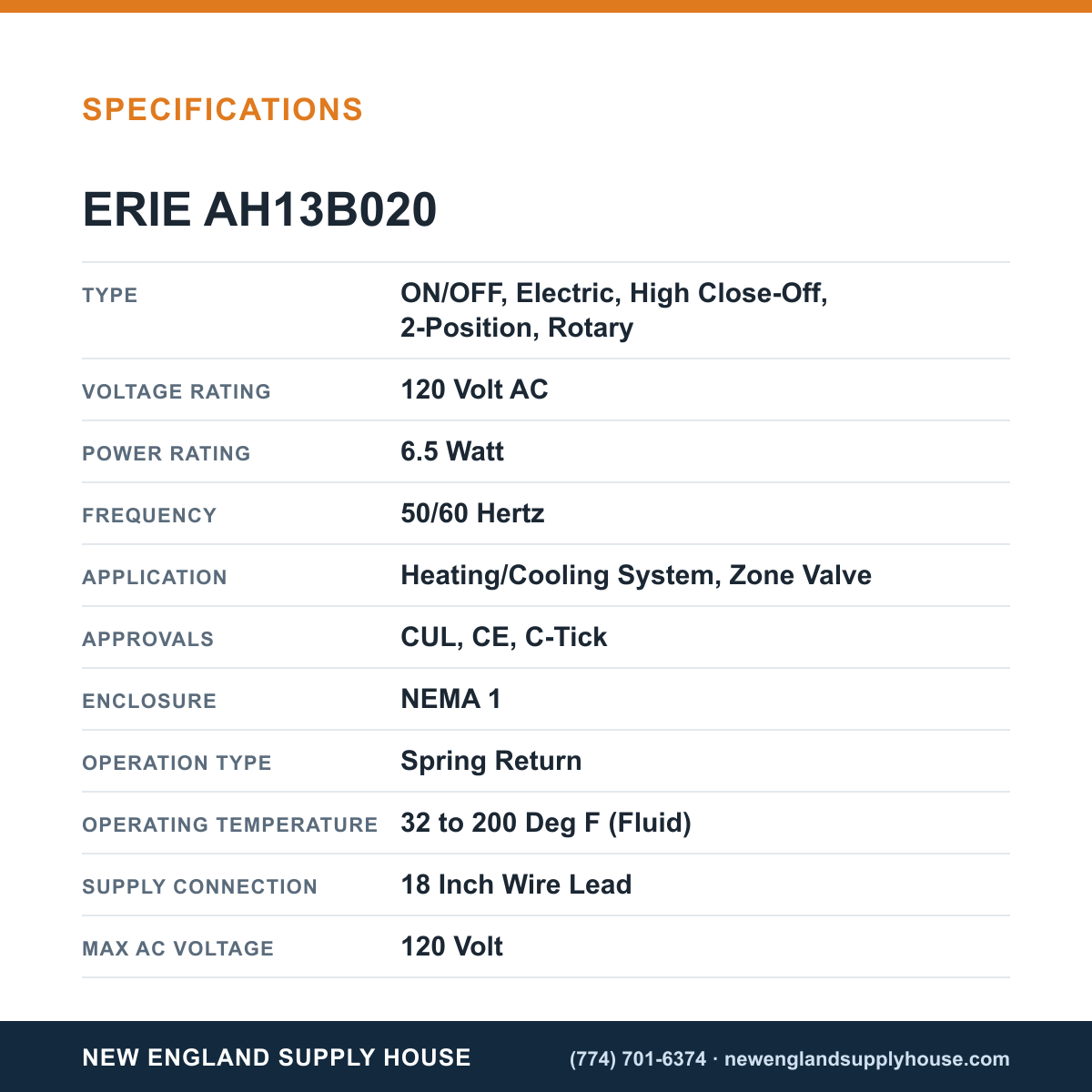 Erie Controls AH13B020 Valve Actuator specifications — New England Supply House [NESH-SPECTABLE-V1]