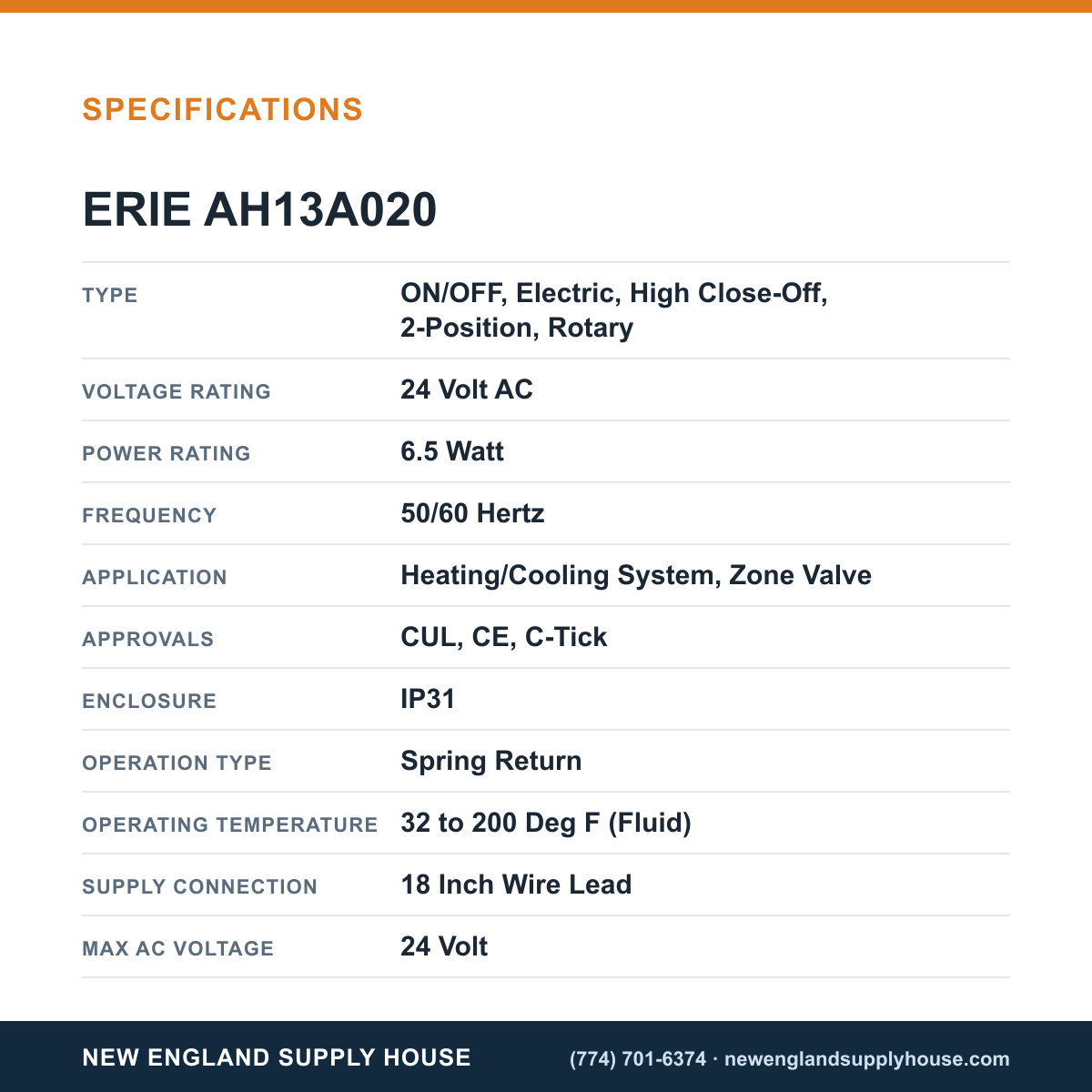 Erie Controls AH13A020 Valve Actuator specifications — New England Supply House [NESH-SPECTABLE-V1]