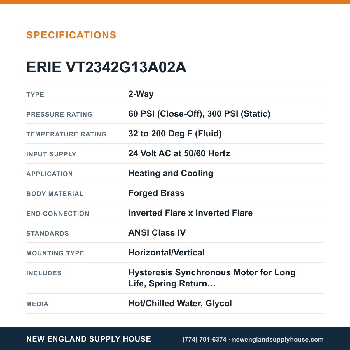 Erie Controls VT2342G13A02A Zone Valve Body Assembly specifications — New England Supply House [NESH-SPECTABLE-V1]