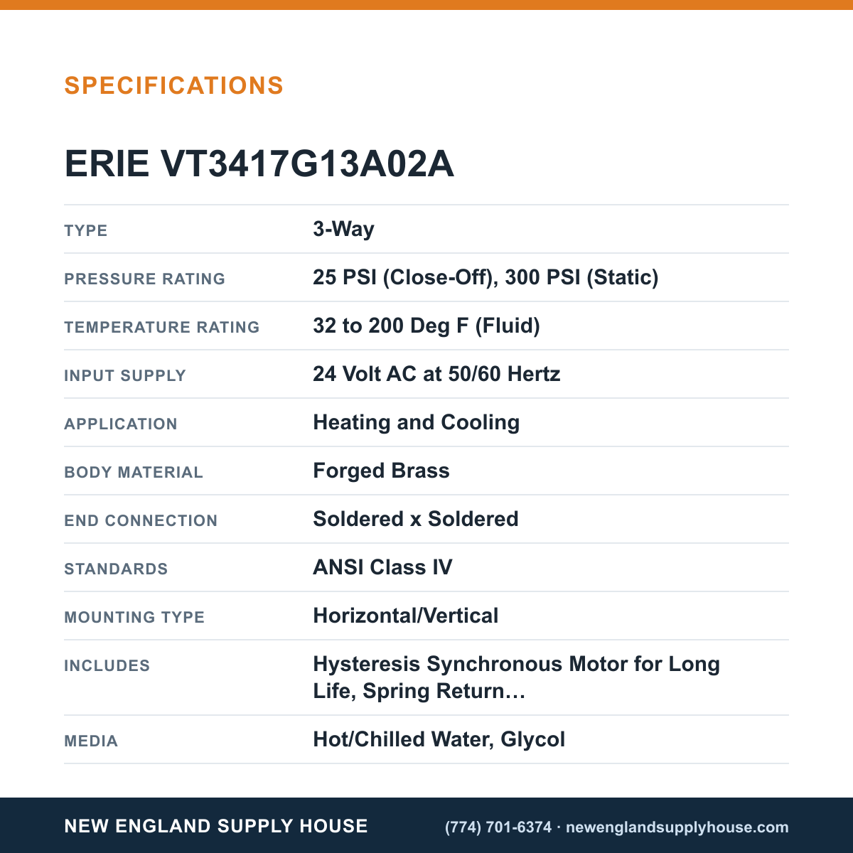 Erie Controls VT3417G13A02A Zone Valve Body Assembly specifications — New England Supply House [NESH-SPECTABLE-V1]