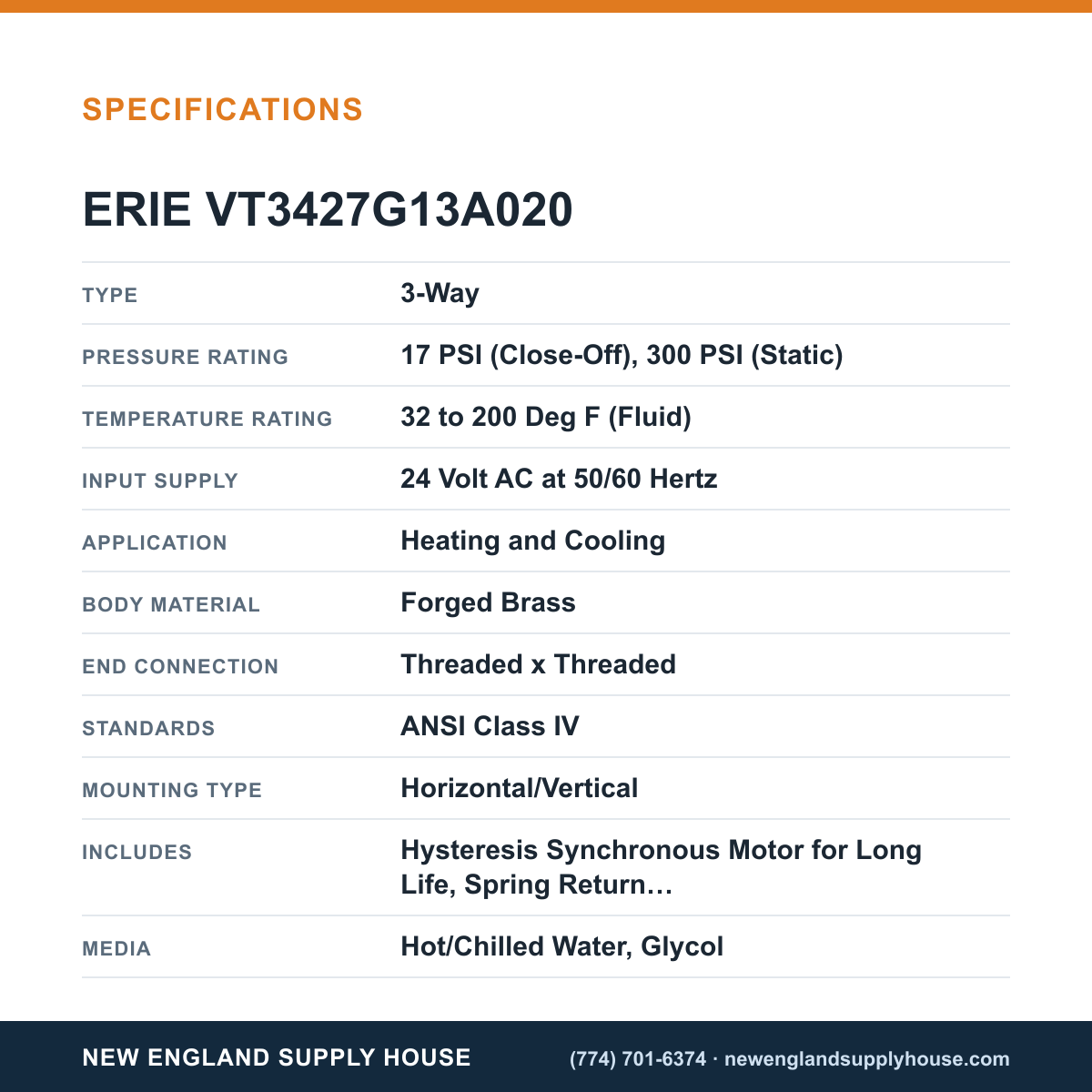 Erie Controls VT3427G13A020 Zone Valve Body Assembly specifications — New England Supply House [NESH-SPECTABLE-V1]