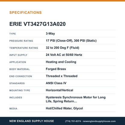 Erie Controls VT3427G13A020 Zone Valve Body Assembly specifications — New England Supply House [NESH-SPECTABLE-V1]