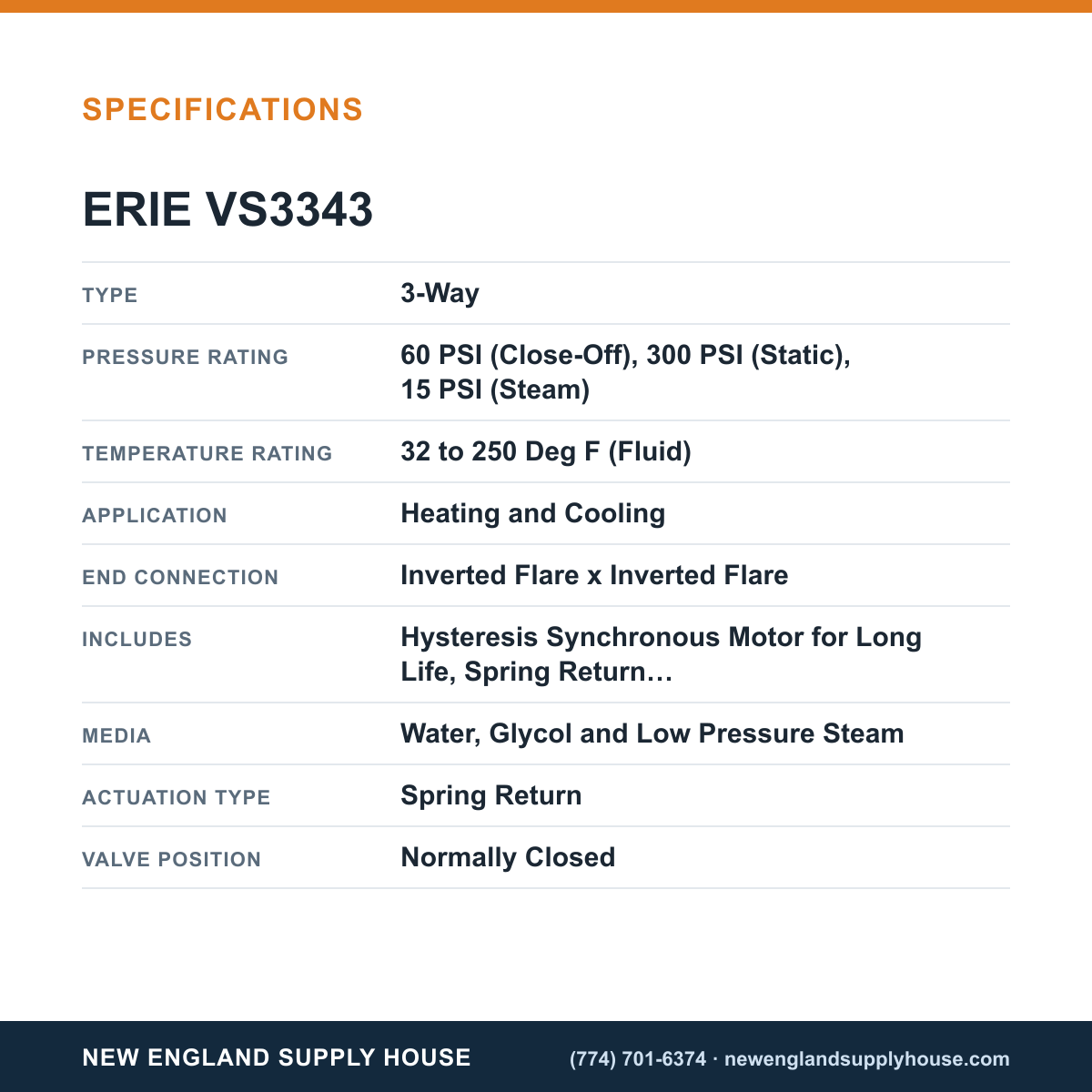 Erie Controls VS3343 Zone Valve Body Assembly specifications — New England Supply House [NESH-SPECTABLE-V1]