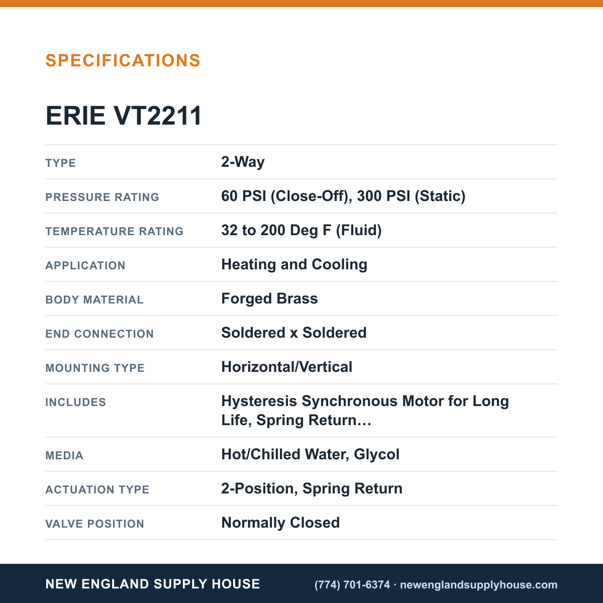 Erie Controls VT2211 Zone Valve Body specifications — New England Supply House [NESH-SPECTABLE-V1]