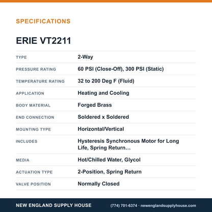 Erie Controls VT2211 Zone Valve Body specifications — New England Supply House [NESH-SPECTABLE-V1]