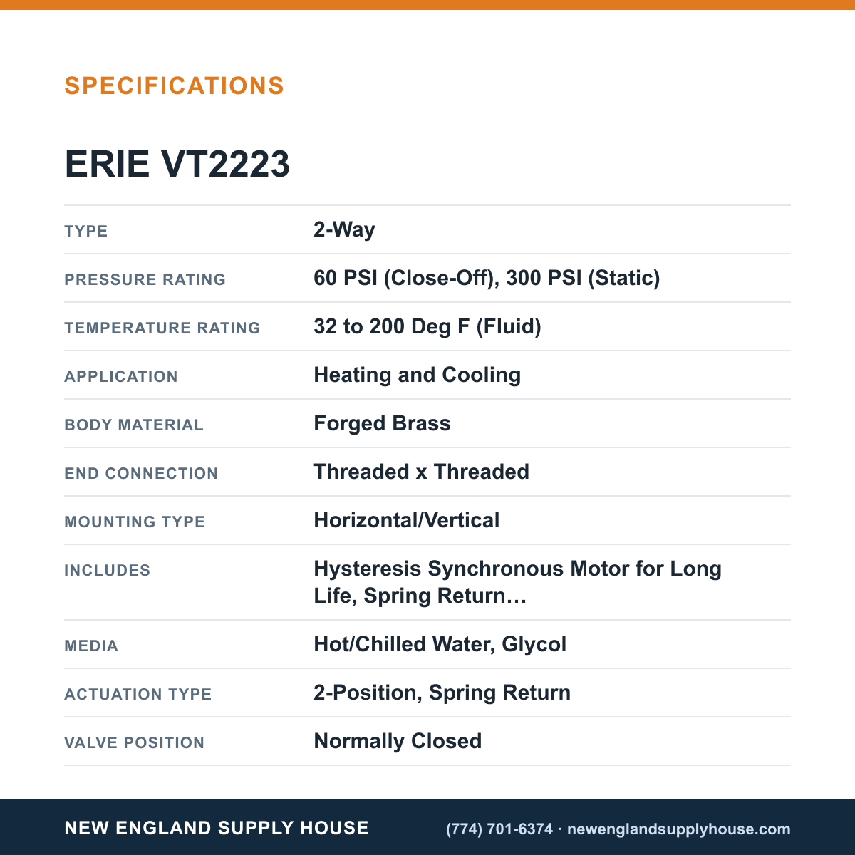 Erie Controls VT2223 Zone Valve Body specifications — New England Supply House [NESH-SPECTABLE-V1]