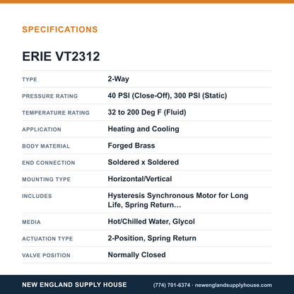 Erie Controls VT2312 Zone Valve Body specifications — New England Supply House [NESH-SPECTABLE-V1]
