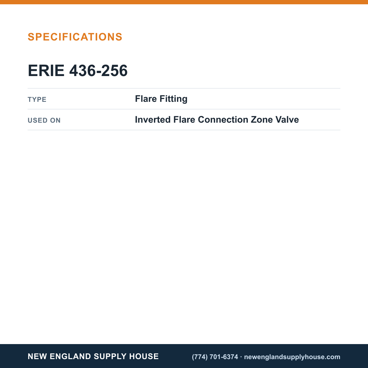 Erie Controls 436-256 Zone Valve Flare Fitting specifications — New England Supply House [NESH-SPECTABLE-V1]