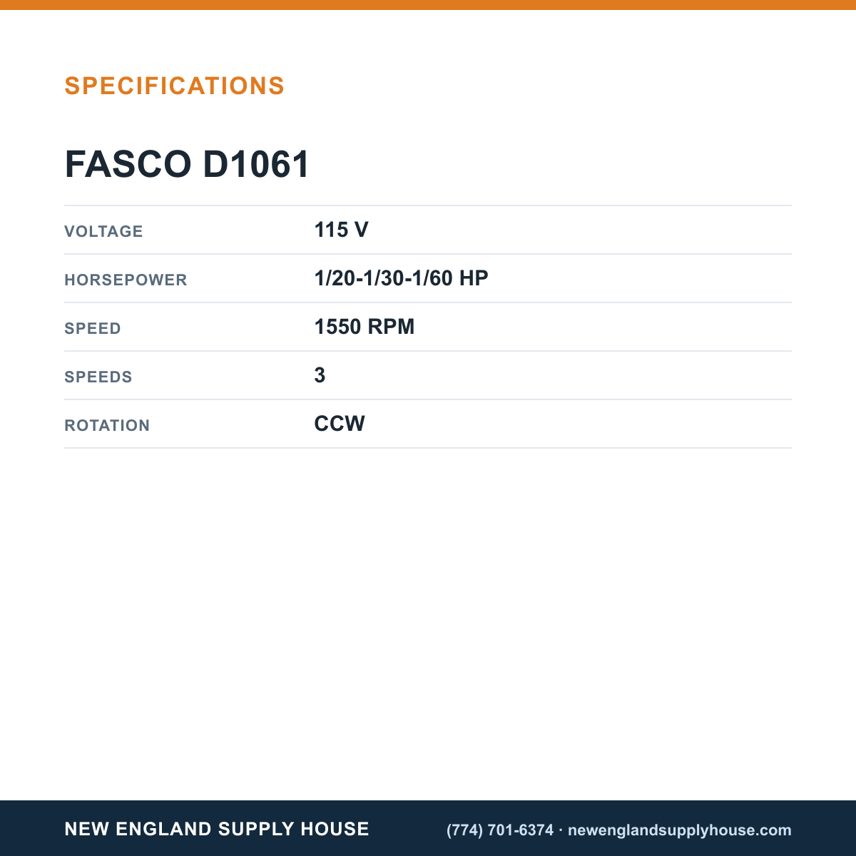 Fasco Draft Inducers D1061 specifications — New England Supply House [NESH-SPECTABLE-V1]