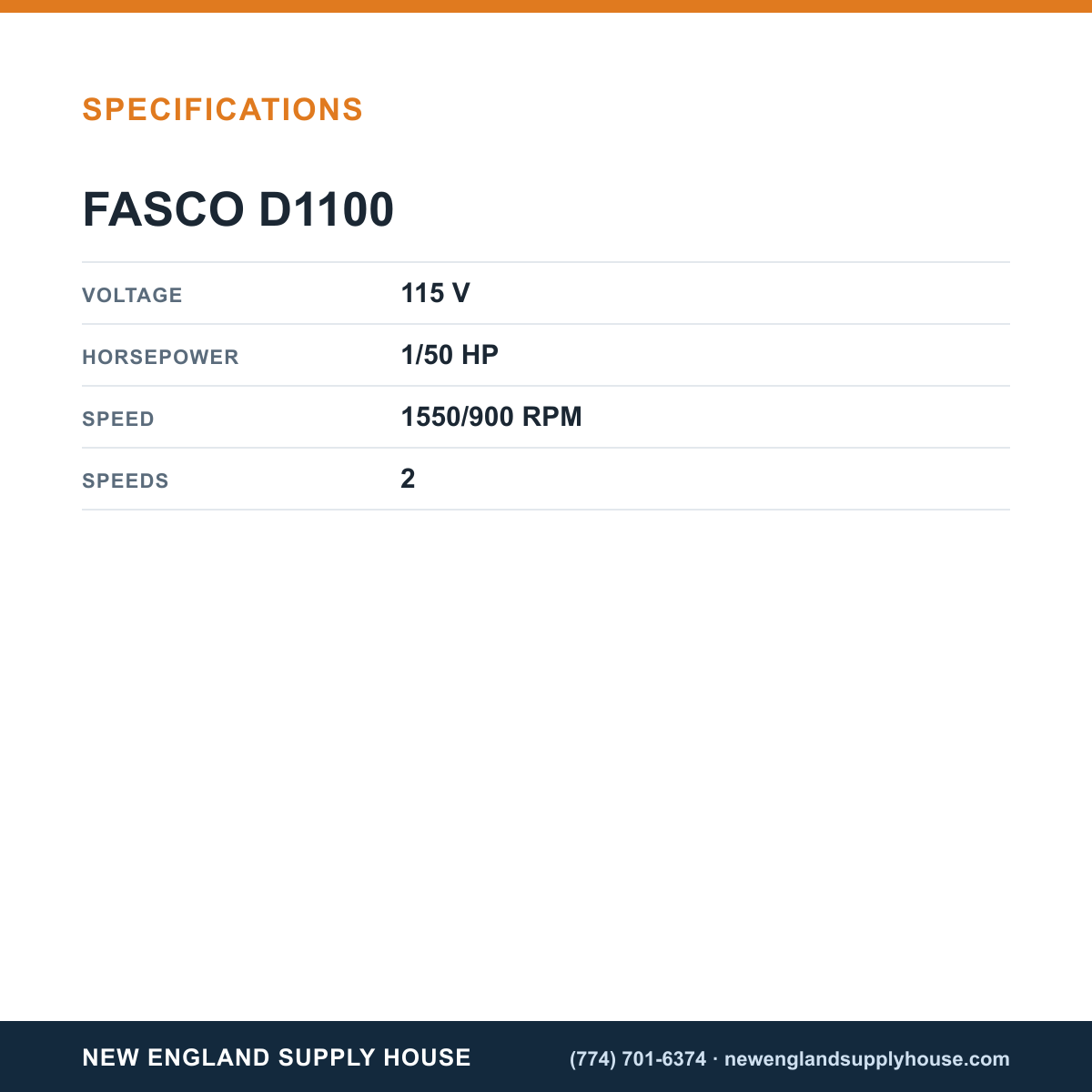 Fasco Draft Inducers D1100 specifications — New England Supply House [NESH-SPECTABLE-V1]