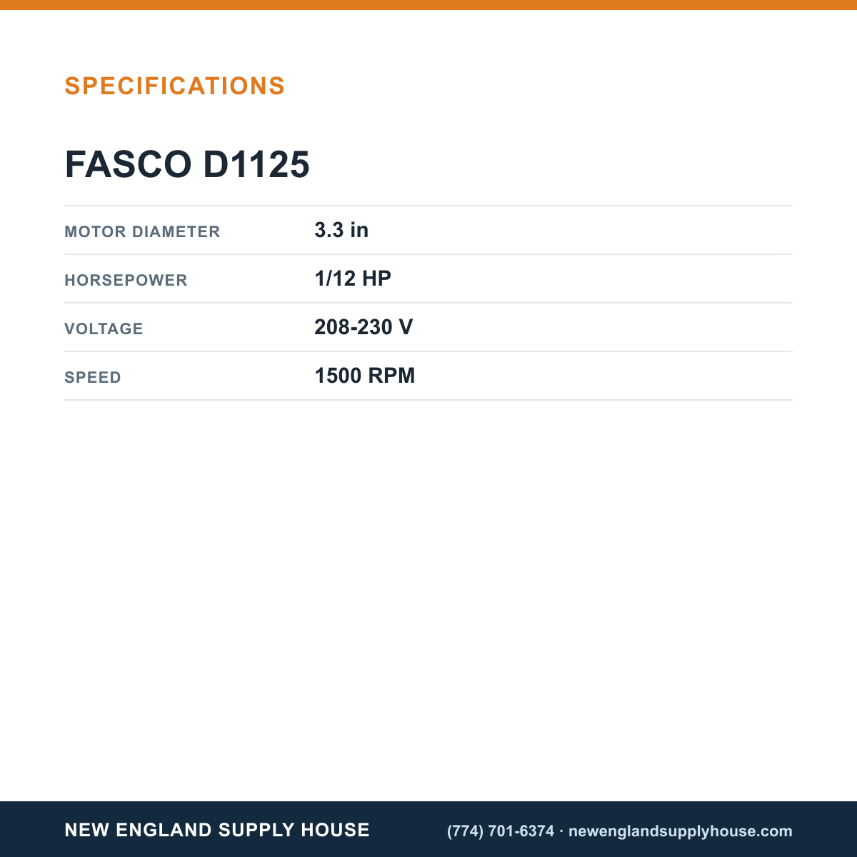 Fasco Draft Inducers D1125 specifications — New England Supply House [NESH-SPECTABLE-V1]