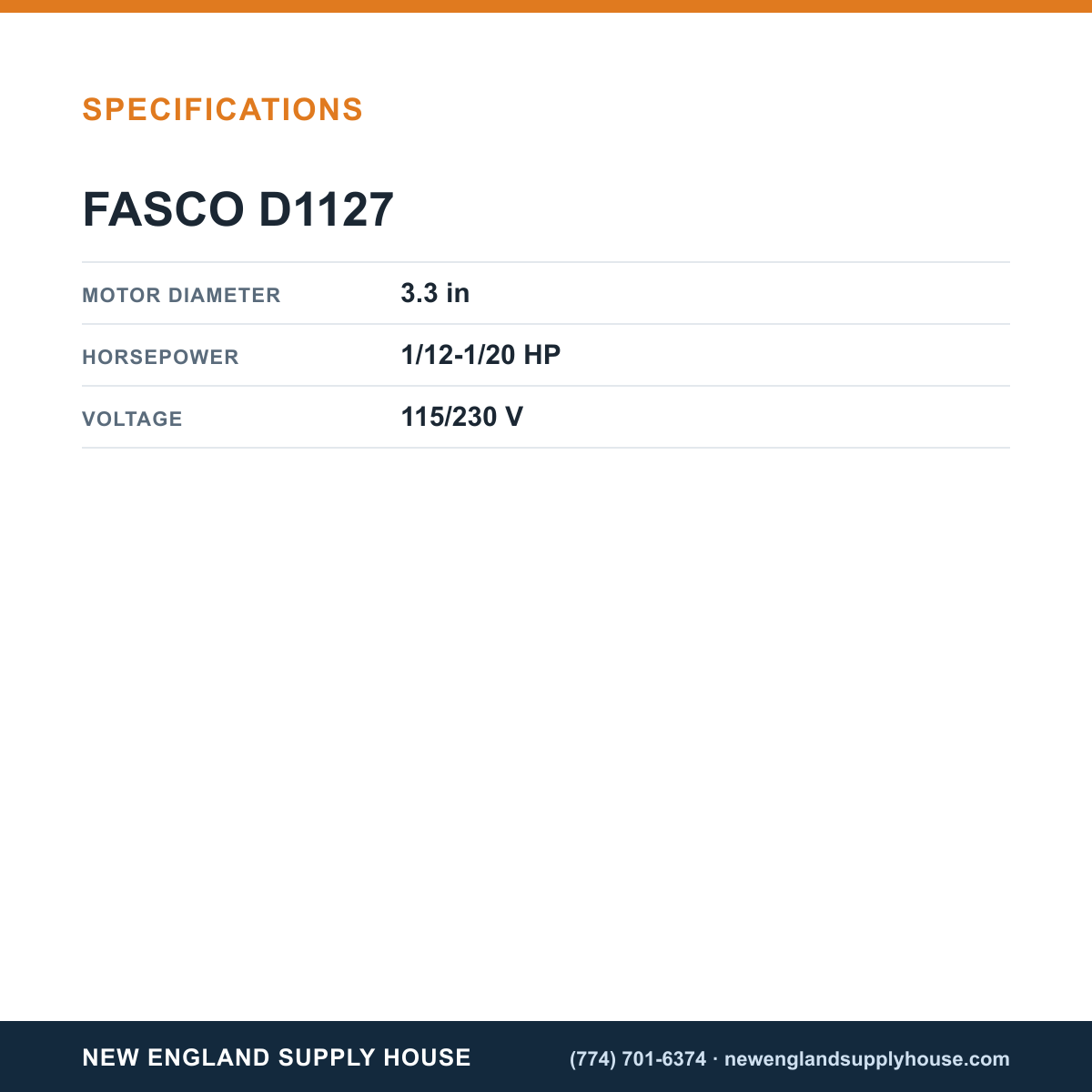 Fasco Draft Inducers D1127 specifications — New England Supply House [NESH-SPECTABLE-V1]