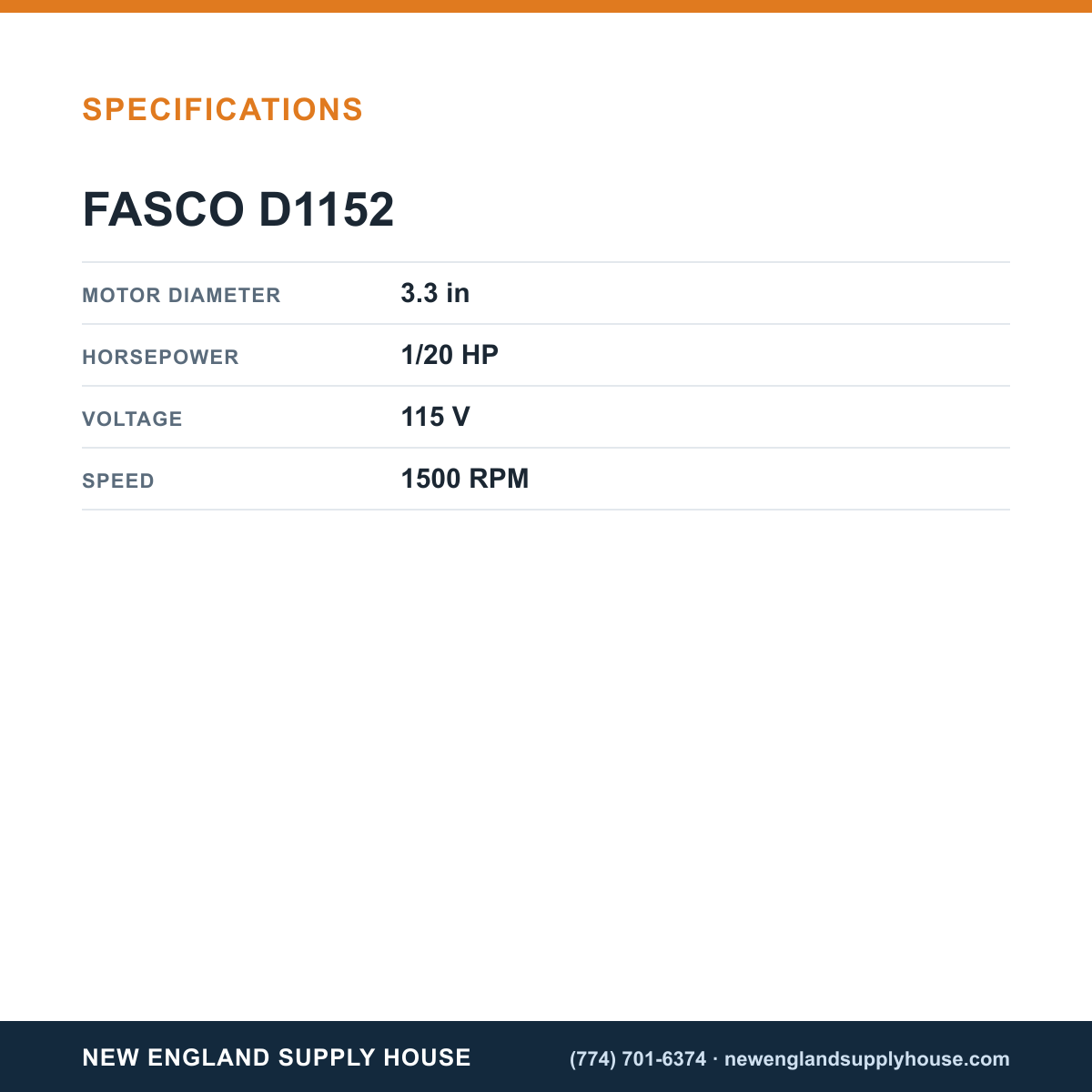 Fasco Draft Inducers D1152 specifications — New England Supply House [NESH-SPECTABLE-V1]