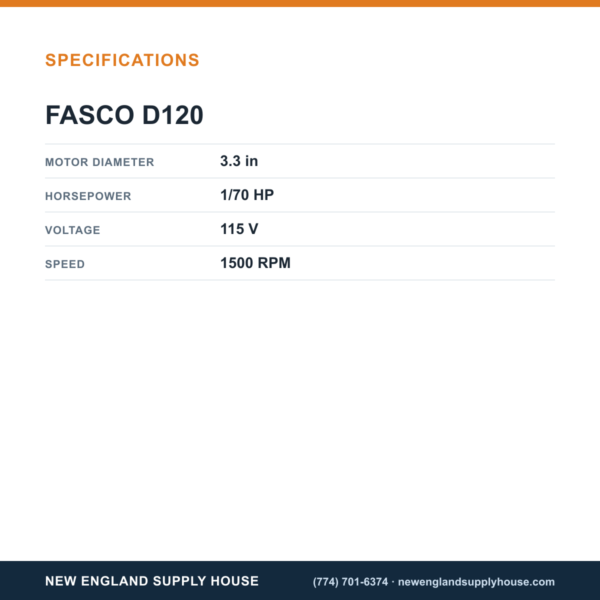 Fasco Draft Inducers D120 specifications — New England Supply House [NESH-SPECTABLE-V1]