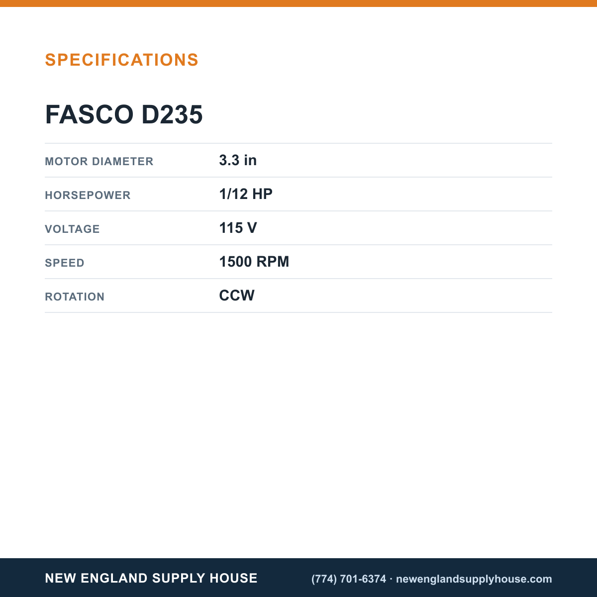 Fasco Draft Inducers D235 specifications — New England Supply House [NESH-SPECTABLE-V1]