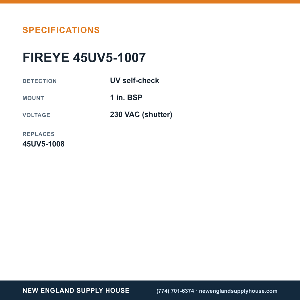Fireye Controls 45UV5-1007 Self Check Scanner specifications — New England Supply House [NESH-SPECTABLE-V1]
