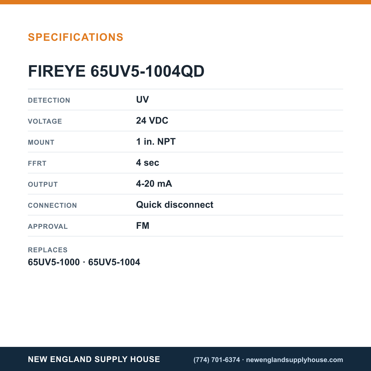 Fireye Controls 65UV5-1004QD Flame Scanner specifications — New England Supply House [NESH-SPECTABLE-V1]